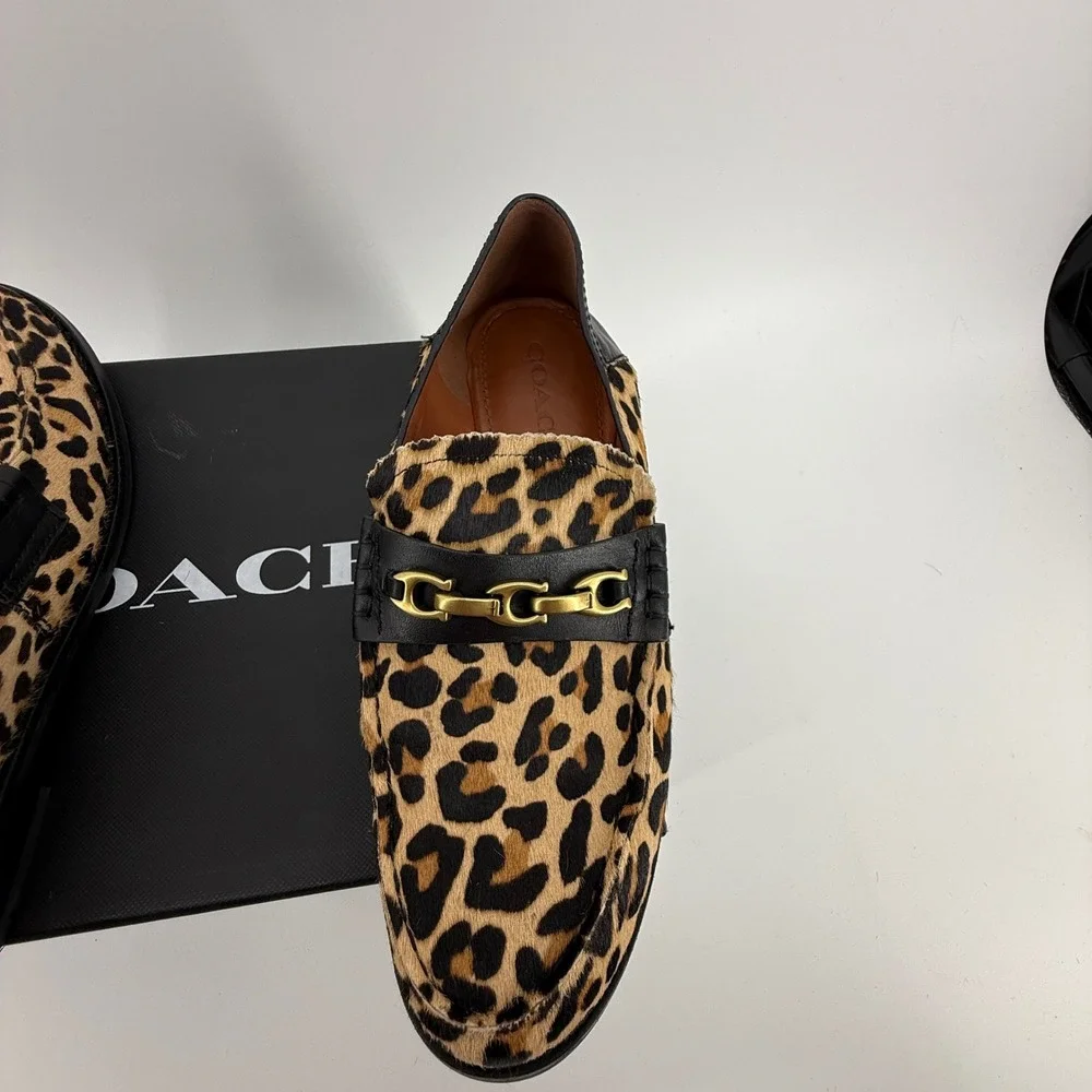 Coach Putnam Leopard Calf Hair Loafers‎ Black Leather Chain G2426 Natural 6.5B